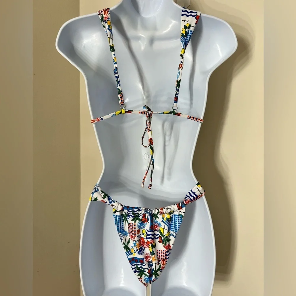 Multicolor Beach Print Thong Bikini Set